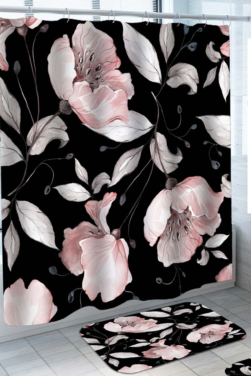 Beautiful Shower Curtains of Pinkish Flowers over Black