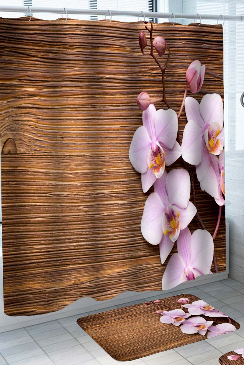 Beautiful Shower Curtains of Pinkish Orchid Flowers on Wooden Deck
