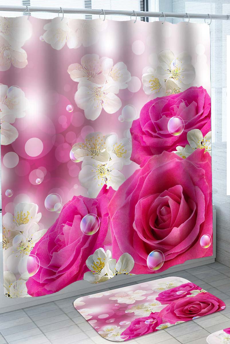 Beautiful Shower Curtains of Refreshing Pink Roses White Flowers