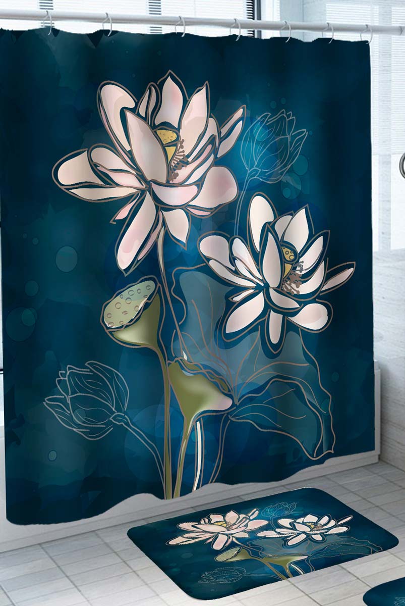 Beautiful Shower Curtains with Artistic Pinkish Lotus Flowers