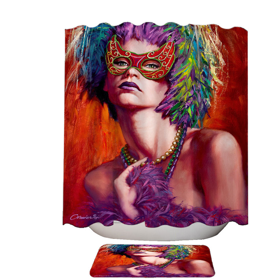 Beautiful Woman Shower Curtain Wearing Mask and Feathers
