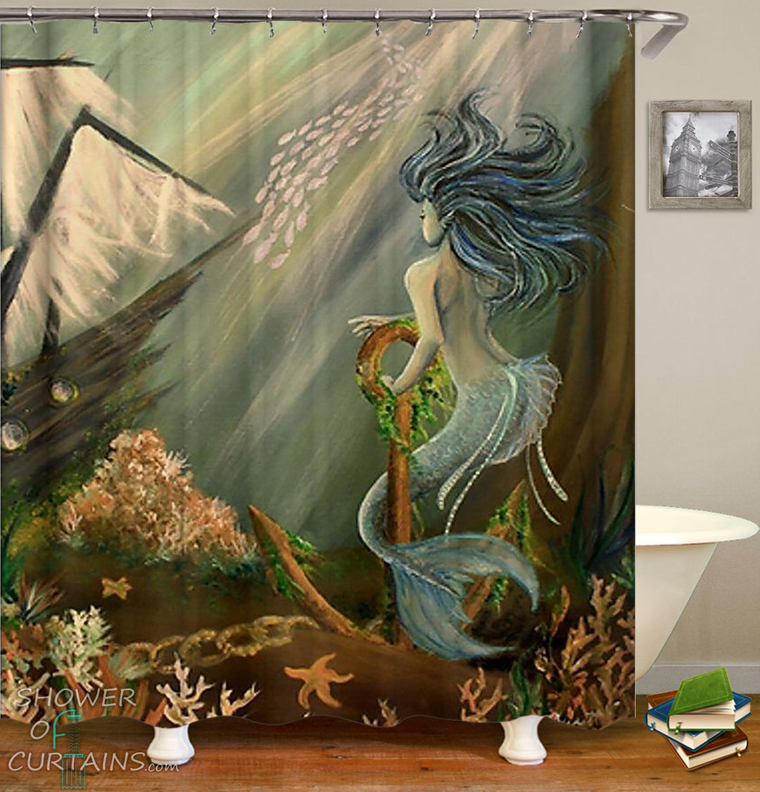 Beautiful Mermaid And Pirate Ship shower curtain