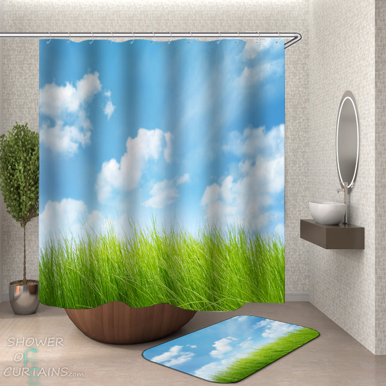 Beautiful Shower Curtains and Bath Mats of Green Grass Under The Blue Sky