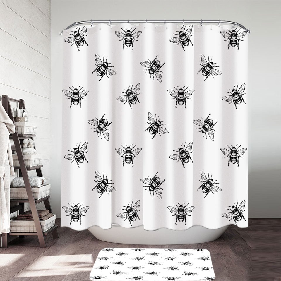 Bee Shower Curtain Black and White Bee Pattern