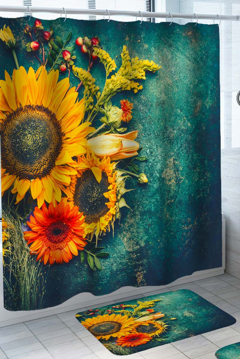 Best Shower Curtains with Sunflowers and Flowers on a Blue Wall