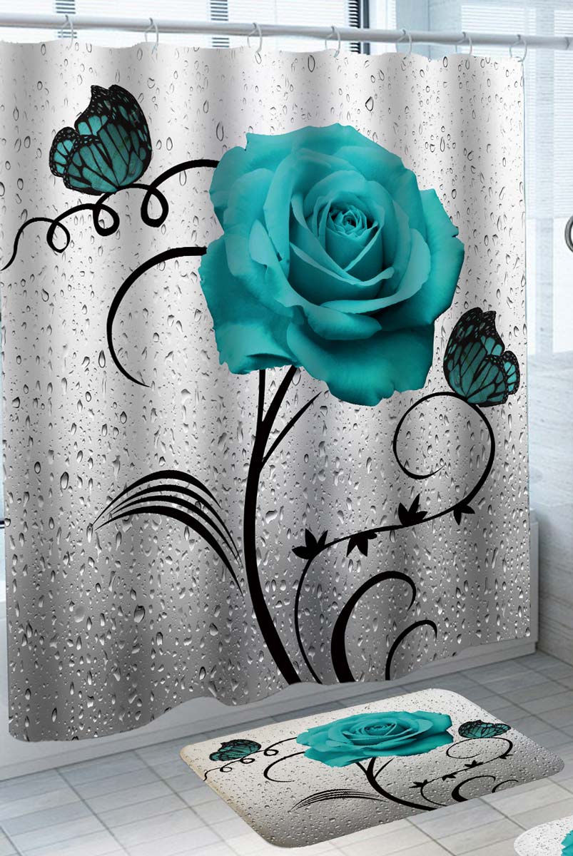 Best place to buy Shower Curtains Turquoise Flower and Butterflies over Rainy Glass