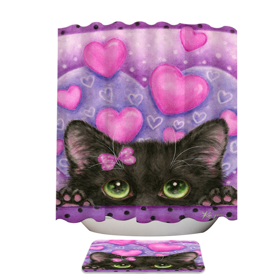 Black Kitten Cat in Love Hearts on Purple Fabric Shower Curtains and Bathroom Rugs