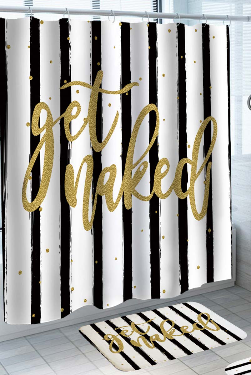 Black Strips Golden Get Naked Shower Curtain Funny