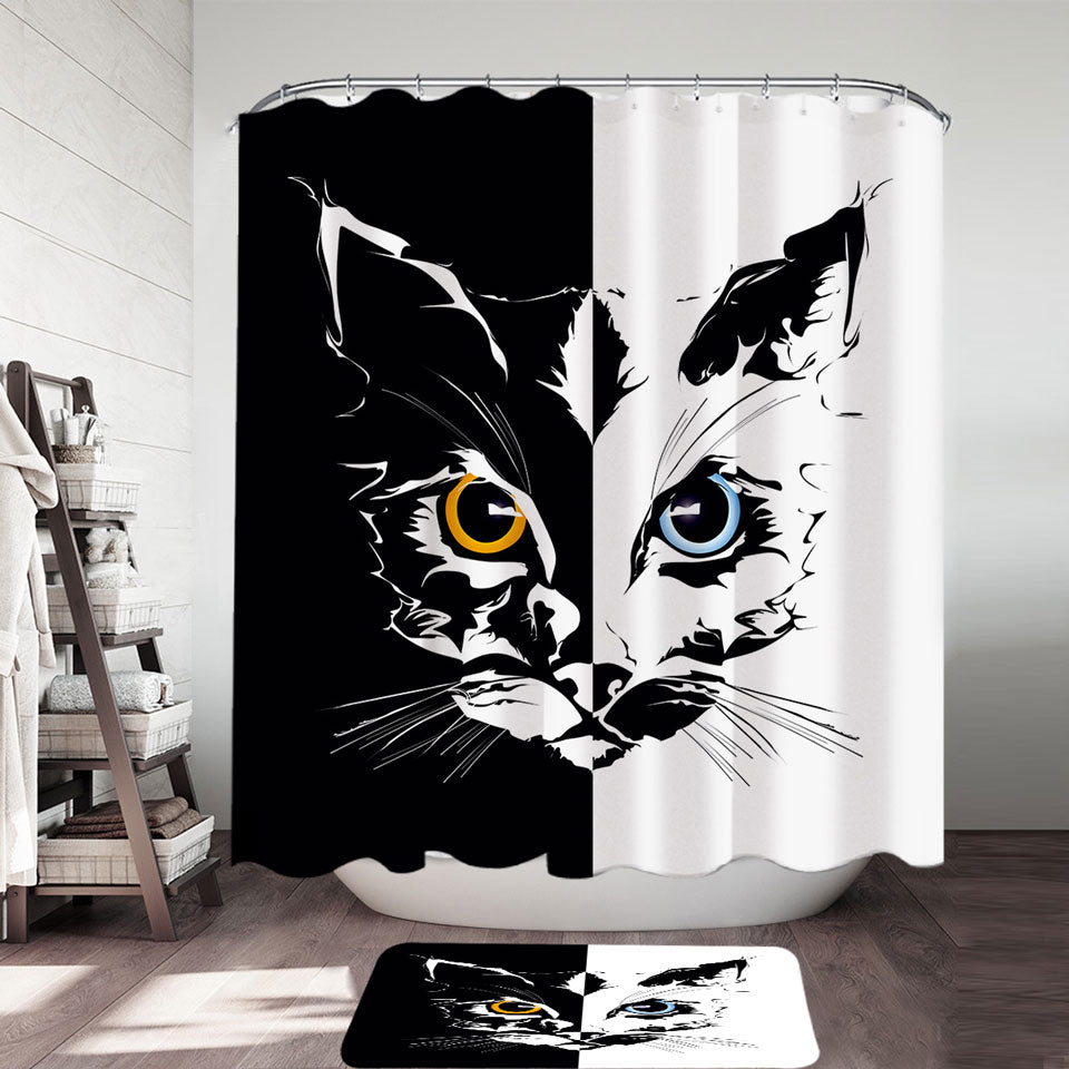 Black and White Shower Curtain Tough Cat Face Yellow VS Blue