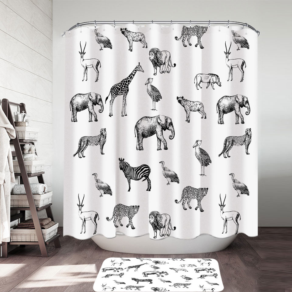 Black and White Shower Curtains of the African Wildlife Animals