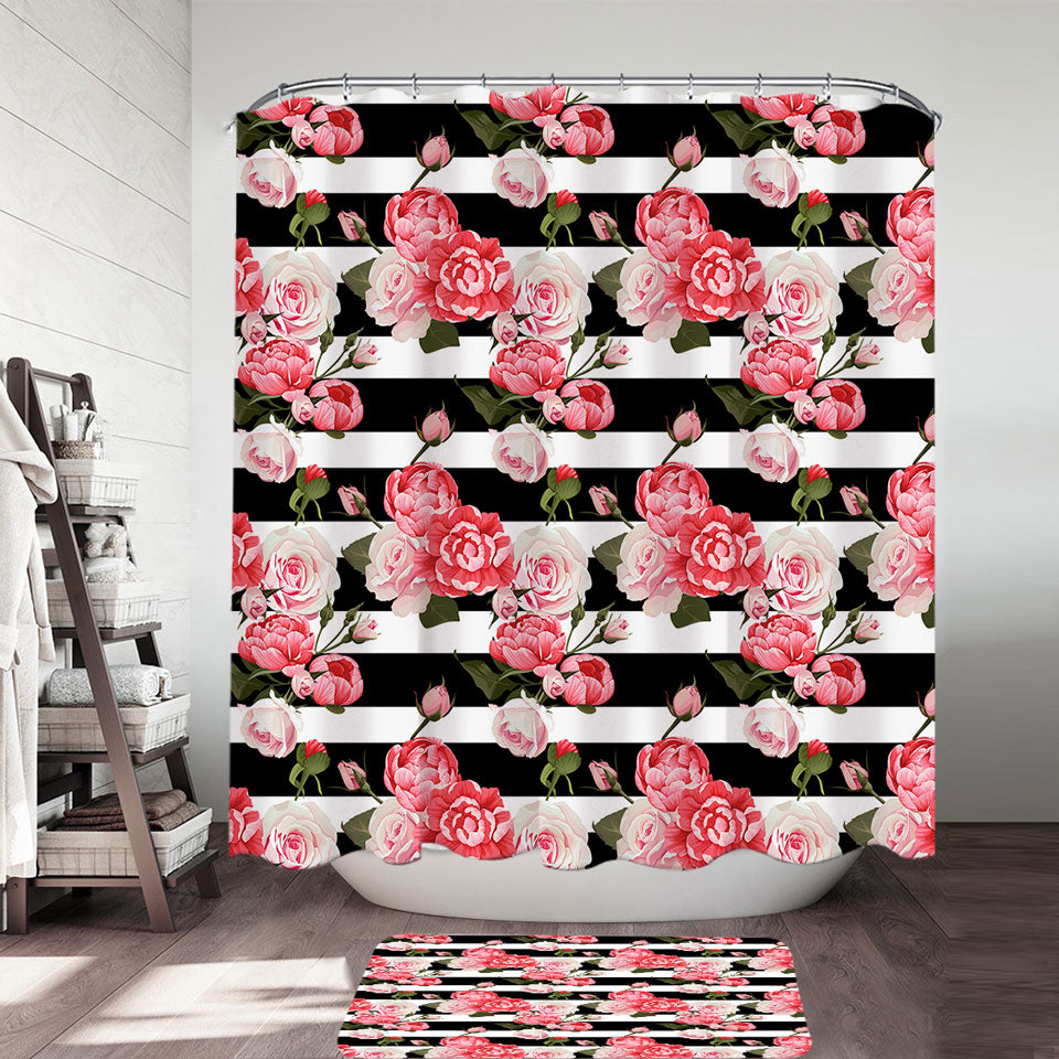 Black and White Stripes and Pinkish Roses Pretty Shower Curtains