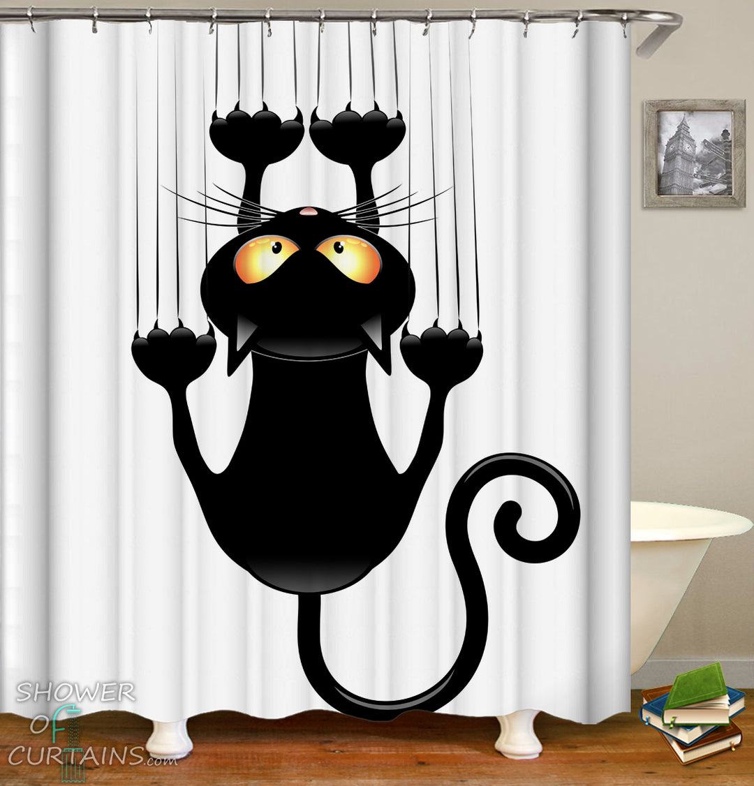 Black And White Cat Shower Curtain - Slippery Cat 2.0