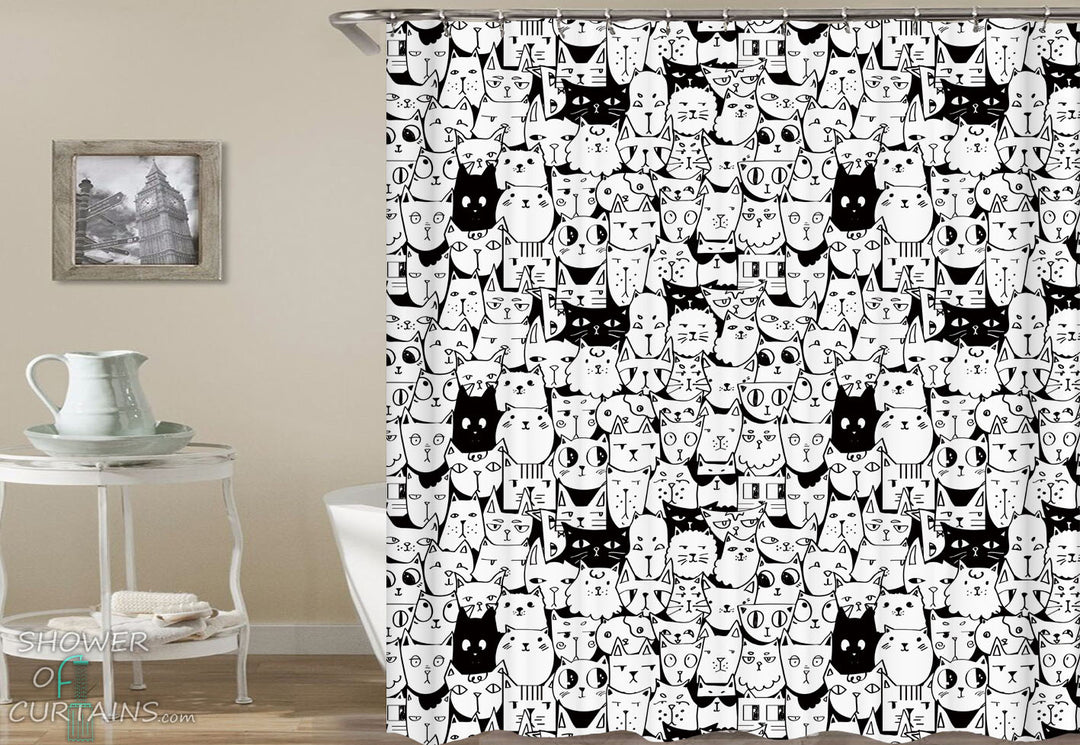 Black And White Shower Curtain of Black And White Cats Pattern - Cat Bathroom Decor