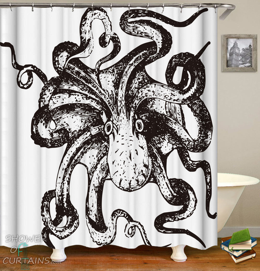 Black And White Shower Curtains of Kraken Octopus Drawing