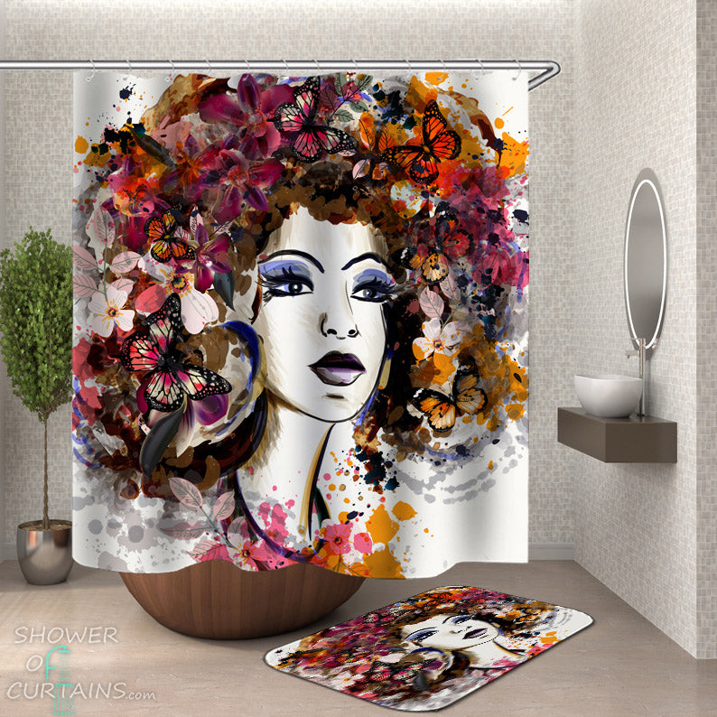 Black Girl Shower Curtain - Butterflies Afro Shower Curtain
