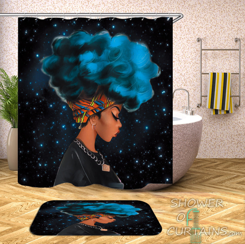 Black Girl Shower Curtain of Blue Afro Beautiful Girl Shower Curtain