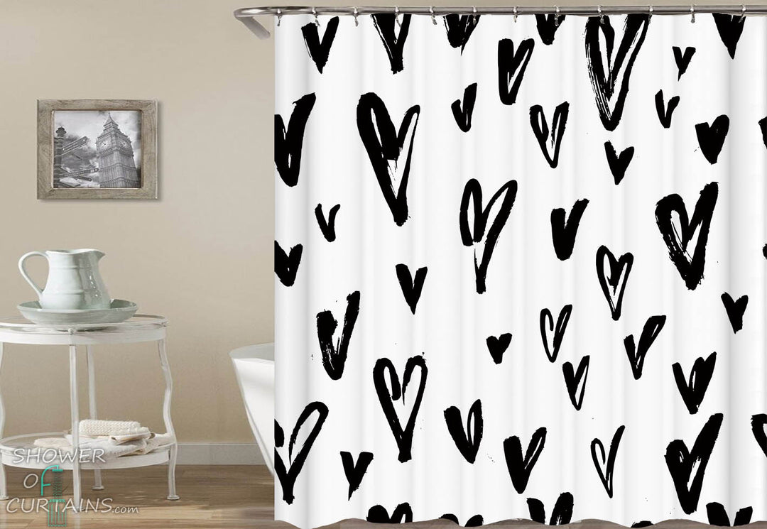 Black and White Heart Pattern Shower Curtain - Black And White Bathrom Decor
