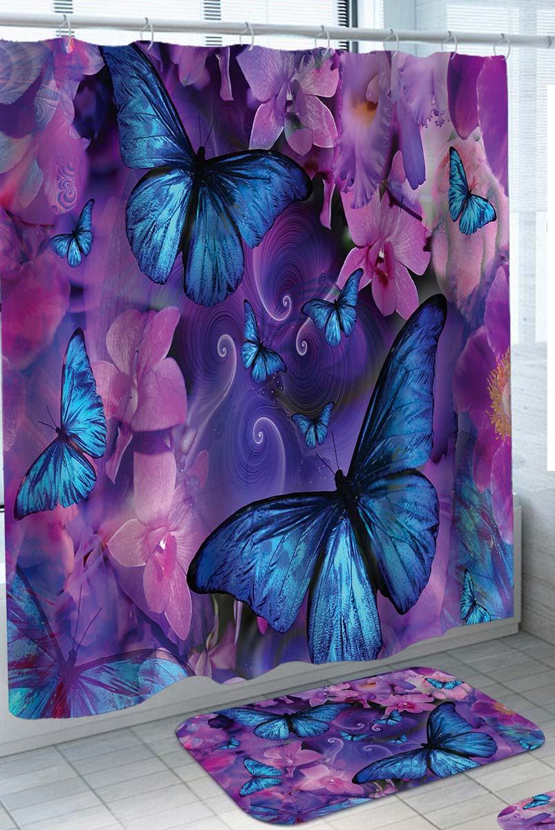 Blue Butterflies and Purple Orchid Flowers Shower Curtains