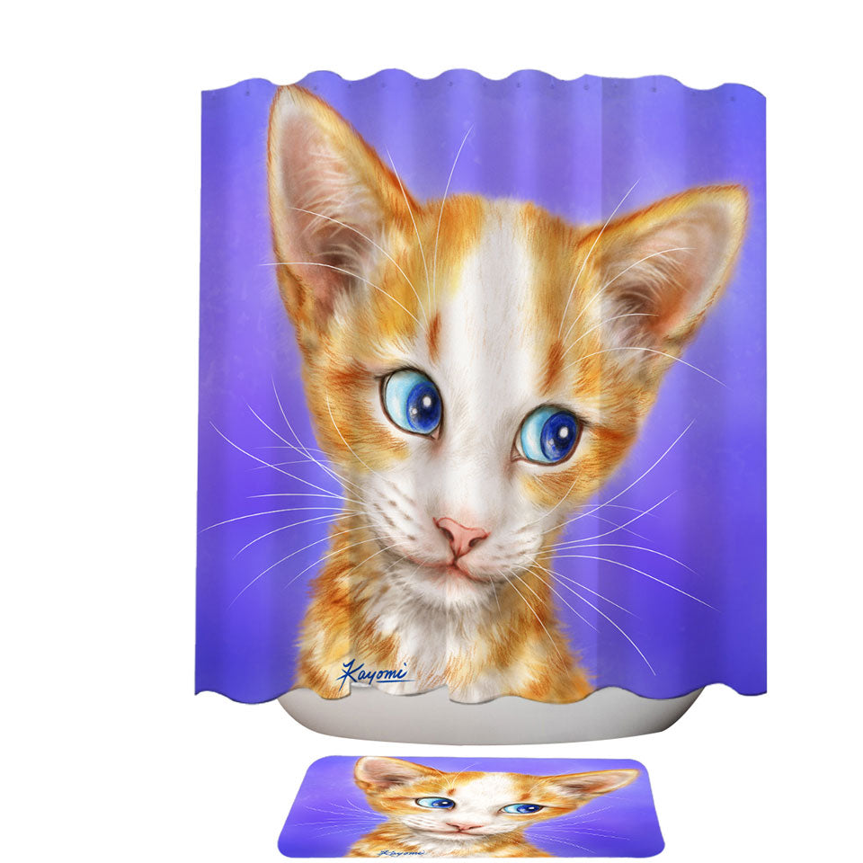 Blue Eyes Ginger Kitten Cats Art Drawings Shower Curtains for Sale