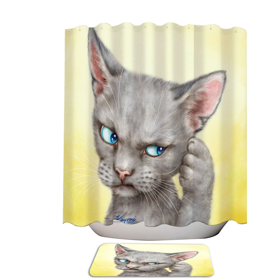 Blue Eyes Grey Kitty Cat Over Yellow Shower Curtains