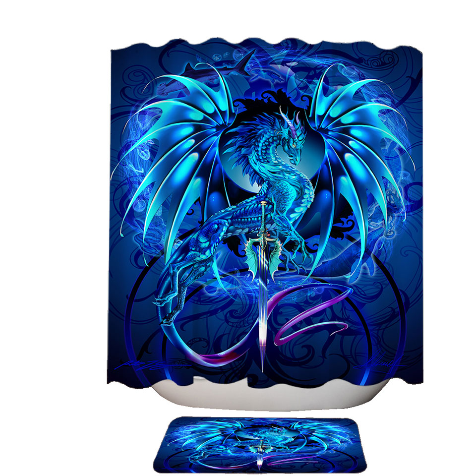 Blue Fabric Shower Curtains Fantasy Weapon Dragon Sword Sea Blade