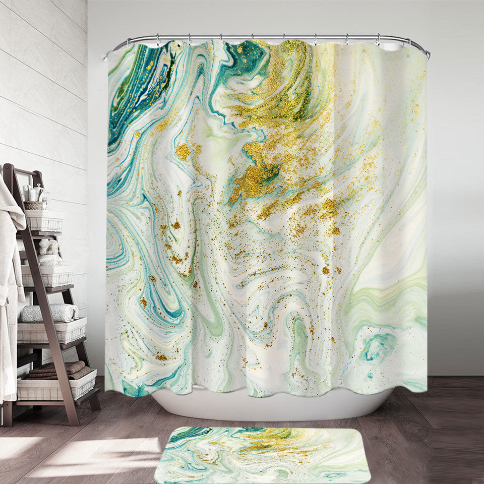 Blue Greyish and Golden Marble Shower Curtains