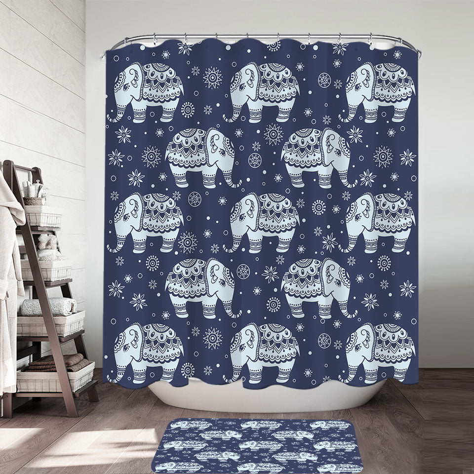 Blue Indian Elephant Shower Curtains and Bathroom Rugs