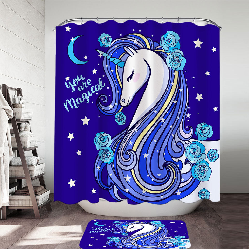 Blue Magical Unicorn Girls Shower Curtain