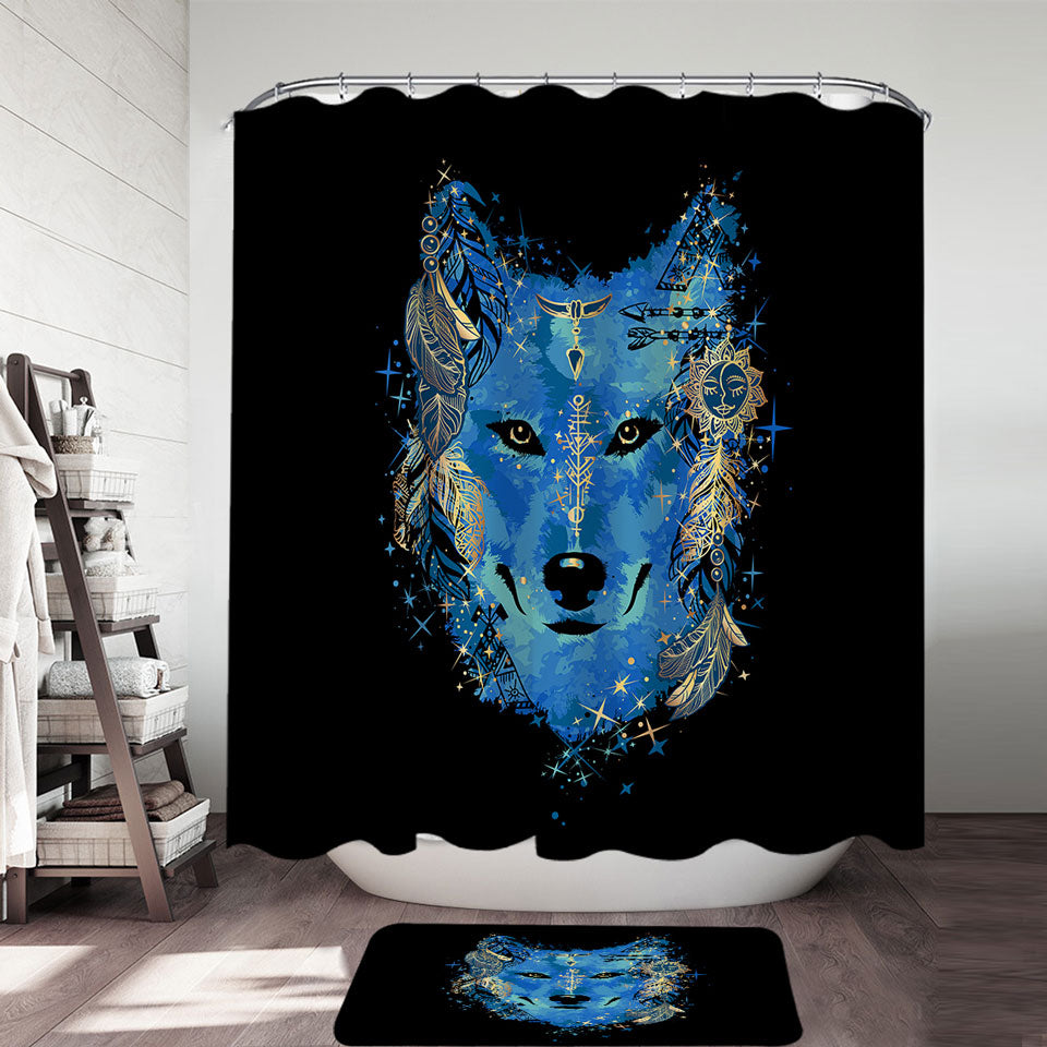 Blue Shower Curtain with Wolf