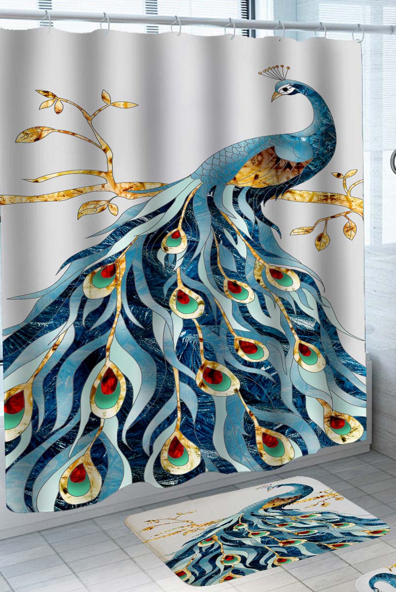 Blue Turquoise Peacock with Gold Feathers Shower Curtain