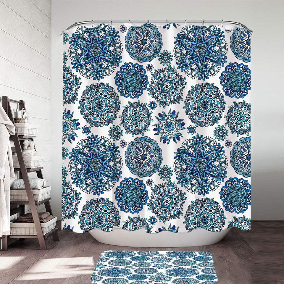 Blue Turquoise Shower Curtains and Bathroom Rugs Snowflakes Mandalas