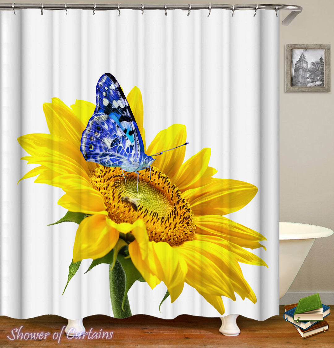 Blue Against Yellow Sunflower shower curtain