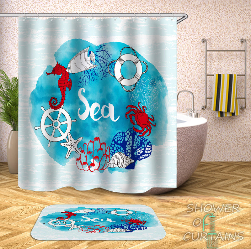 Blue beach shower curtain of Coastal Life