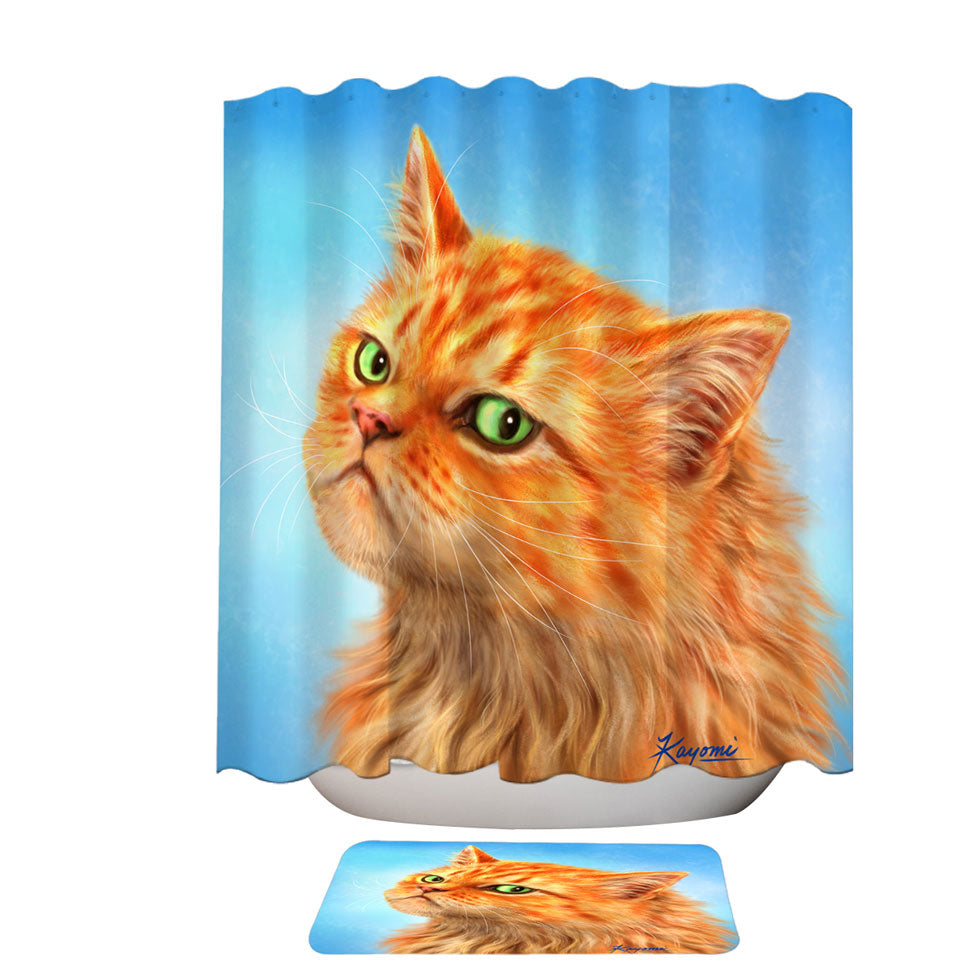 Boys Shower Curtains Suspicious Ginger Cat over Blue