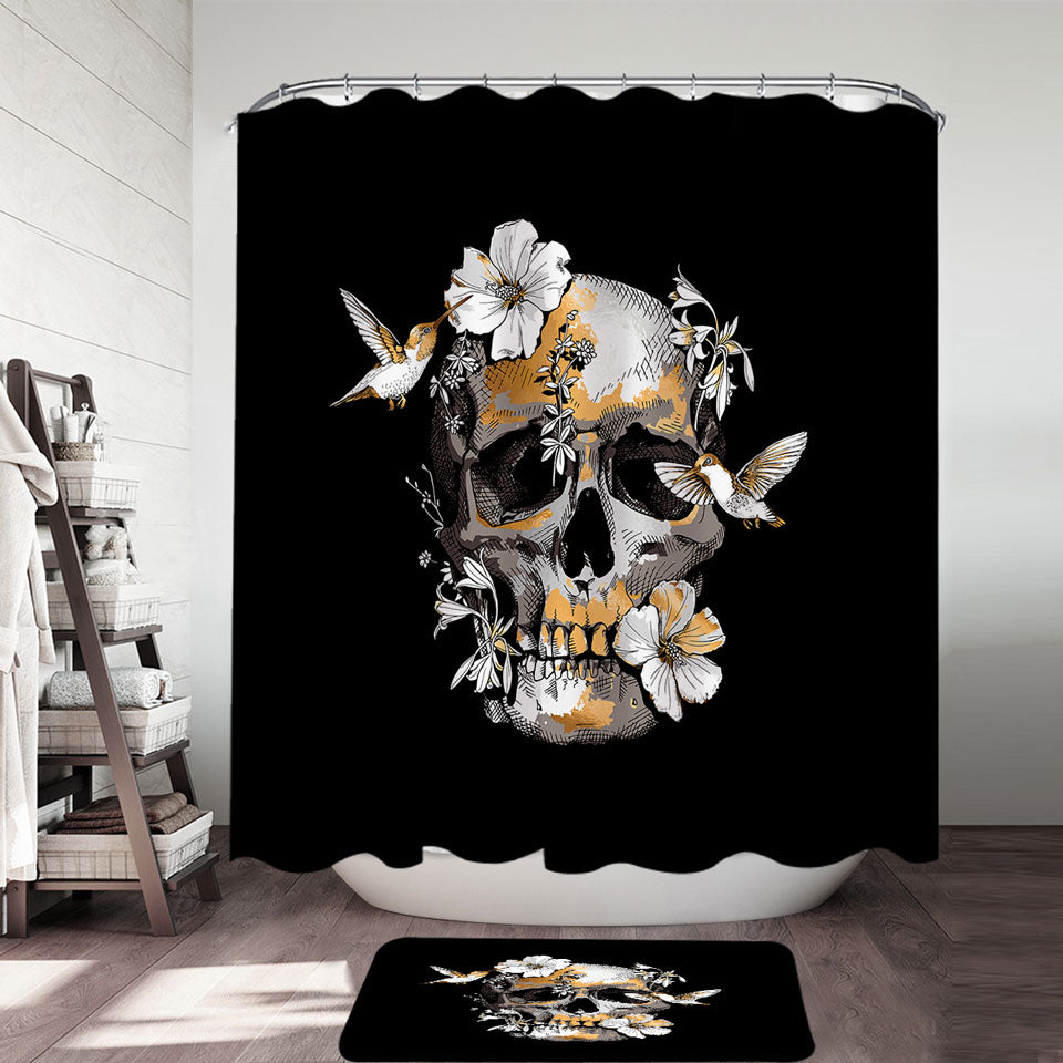 Bronze Skull and Hummingbirds Cool Shower Curtains for Guys