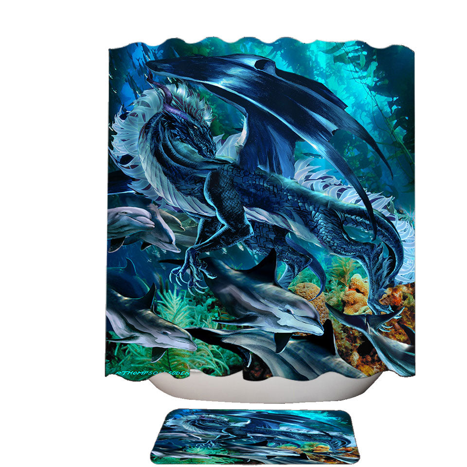 Brothers of the Sea Fantasy Dragon and Dolphins Shower Curtains and Bathroom Rugs