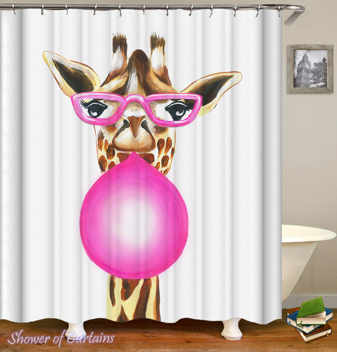 Bubble Gum Lady Giraffe shower curtain