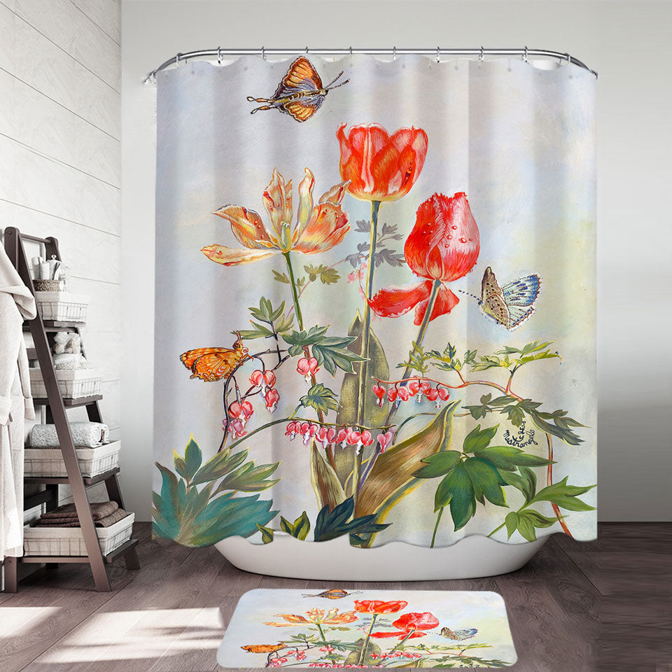 Butterflies and Flowers Art Bleeding Hearts and Tulips Shower Curtain