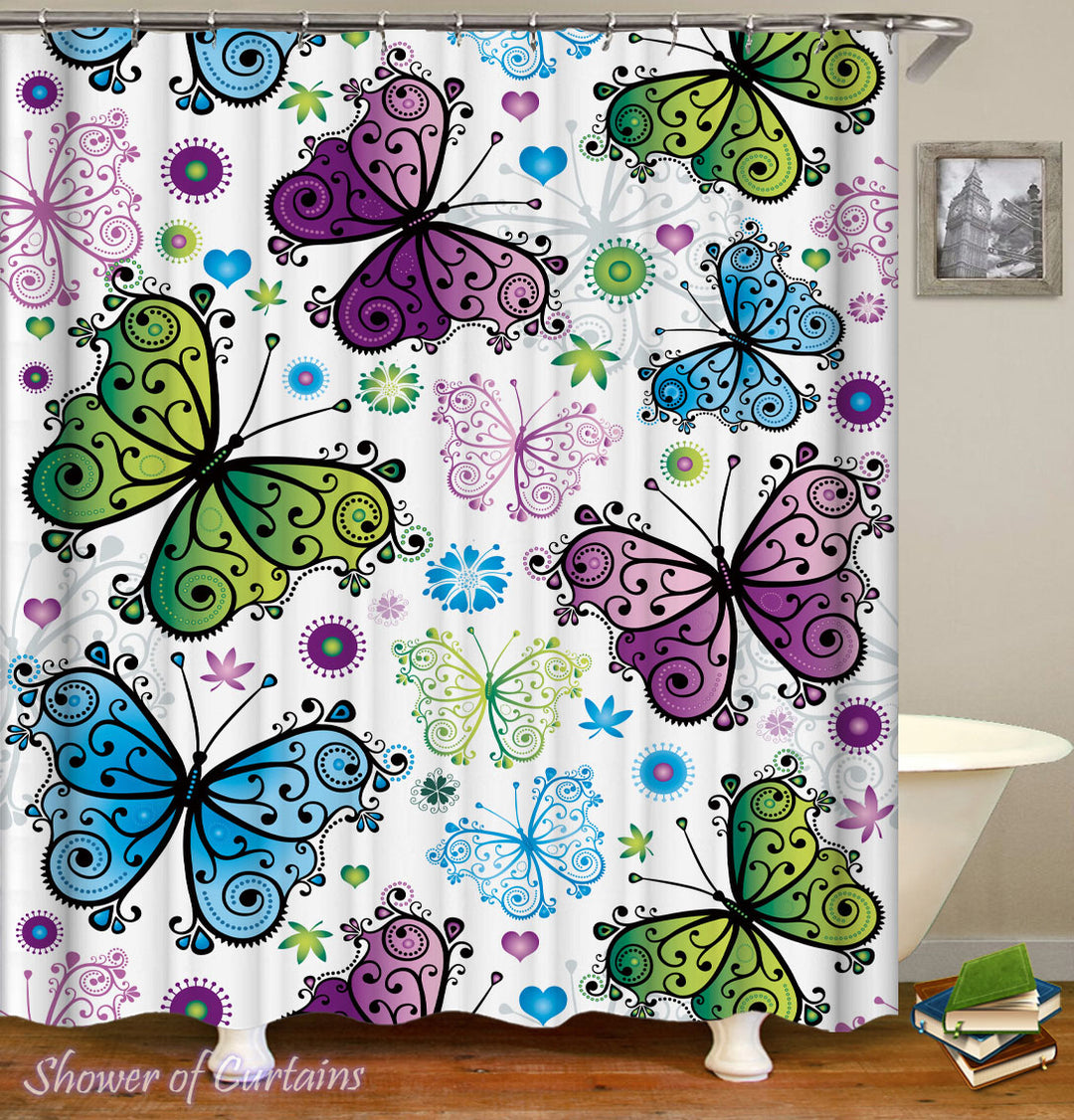 Butterfly Shower Curtains of Blue Green Purple Butterflies