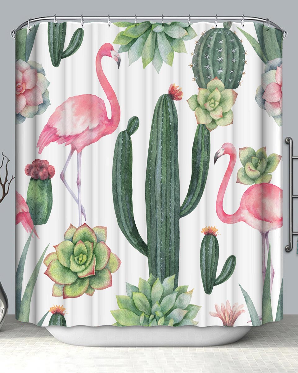 Cactus and Flowers with Pink Flamingos Shower Curtain