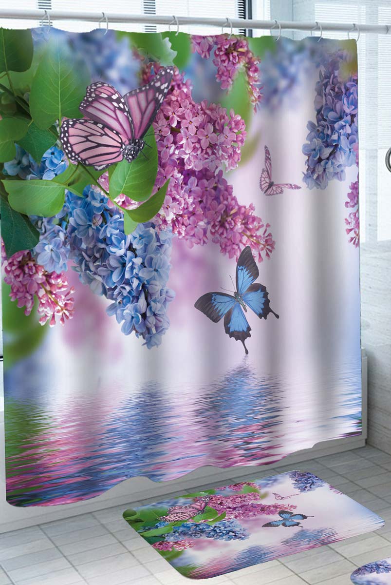 Calm Water Shower Curtains Pinkish and Blue Butterflies and Flowers