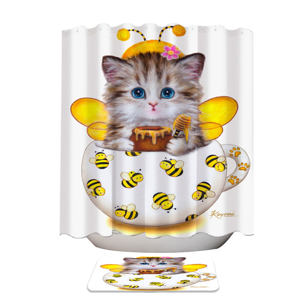 Cat Art Drawings the Cute Cup Kitty Bee Shower Curtain