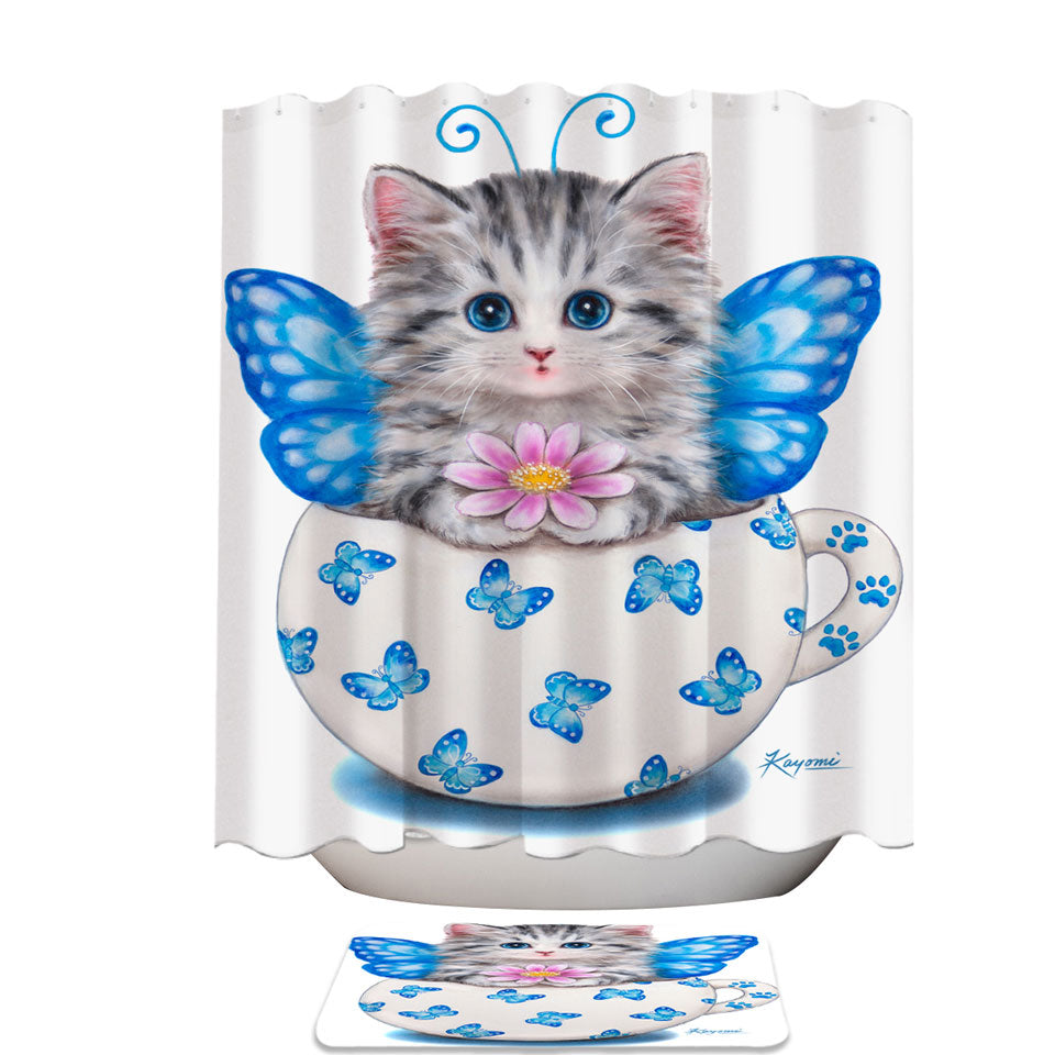 Cat Art Drawings the Cute Cup Kitty Butterfly Fabric Shower Curtains