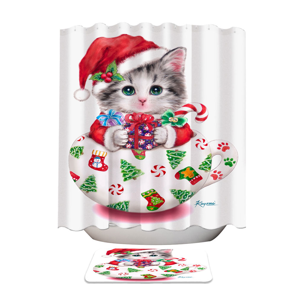 Cat Art Drawings the Cute Cup Kitty Christmas Shower Curtains made of Fabric