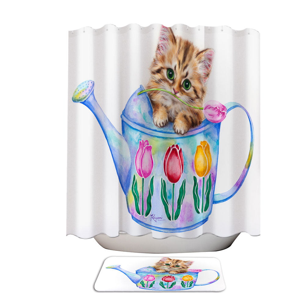 Cat Drawing Shower Curtain for Kids Tulips and Kitten
