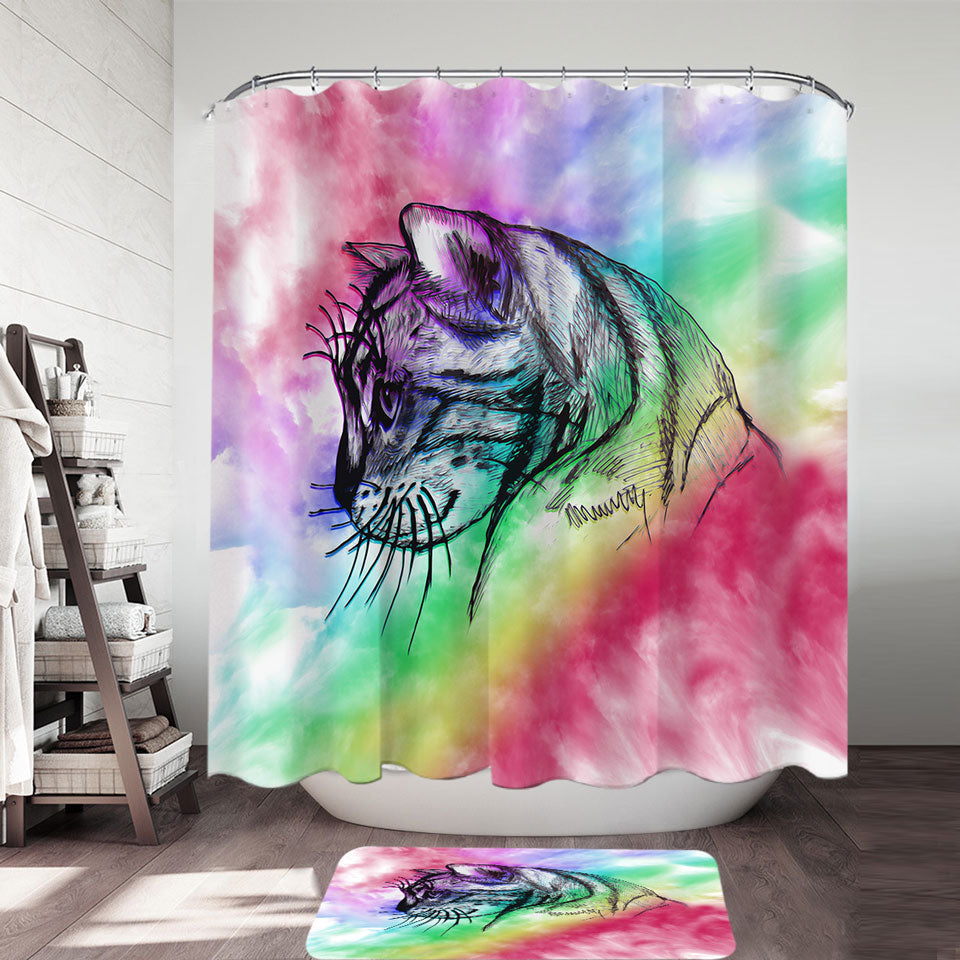 Cat Shower Curtain Art Cat Drawing over Rainbow Fog