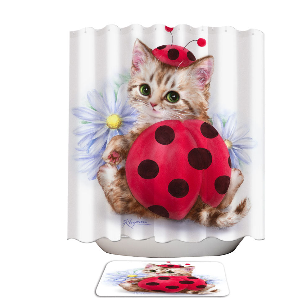 Cat Shower Curtain for Kids Daisy Flowers and Ladybug Kitten