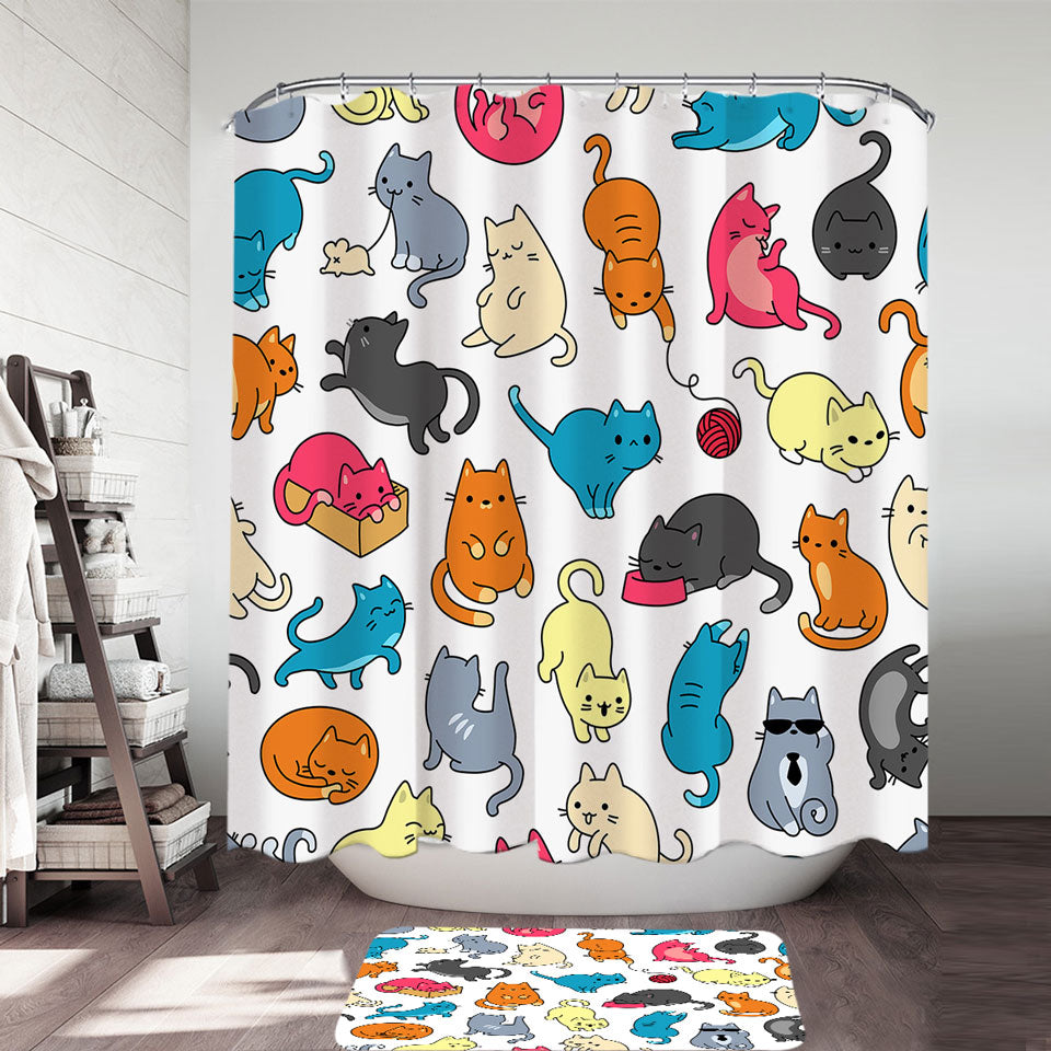 Cat Shower Curtain of Multi Colored Cats Drawings