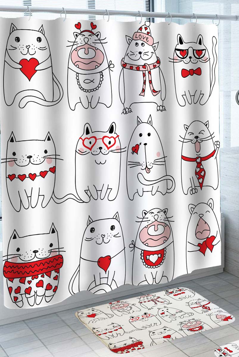 Cat Shower Curtain with Red Black and White Lovely Cats Drawings