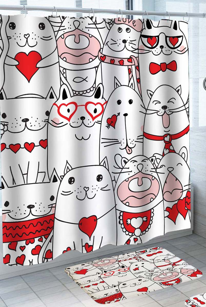 Cat Shower Curtains with Crowded Red Black White Lovely Cats Drawings